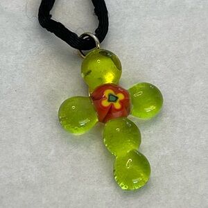 Murano Bright Green Cross Murano Glass Pendant w/Millefiori New